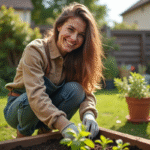 Jeune femme plantant des herbes dans un jardin en plein air