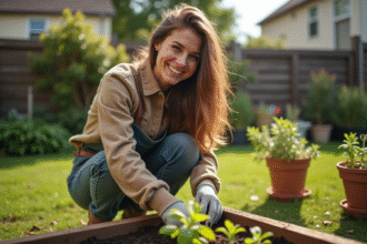 Jeune femme plantant des herbes dans un jardin en plein air