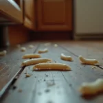 Gros plan de larves de mouche blanches sur un plancher en bois dans une cuisine domestique