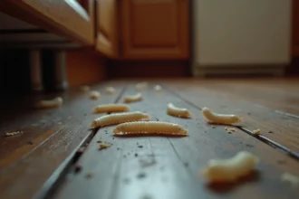 Gros plan de larves de mouche blanches sur un plancher en bois dans une cuisine domestique