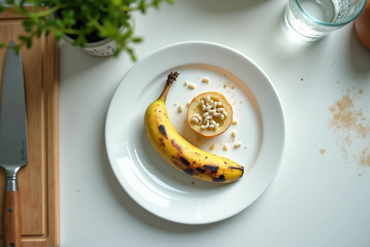 Vue de dessus de larves de mouches sur un fruit pourri posé sur un plan de travail de cuisine