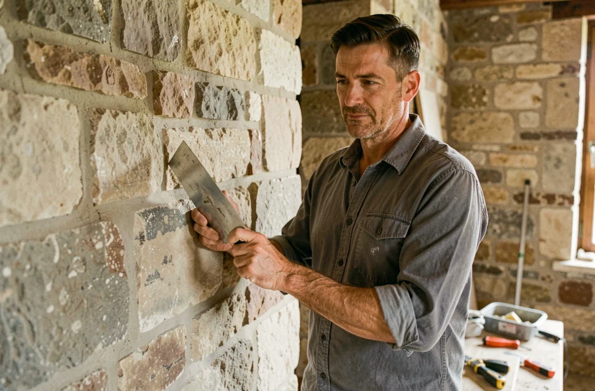 Artisan indépendant Laurent Bouffies inspectant une maçonnerie en pierre rénovée dans une maison traditionnelle