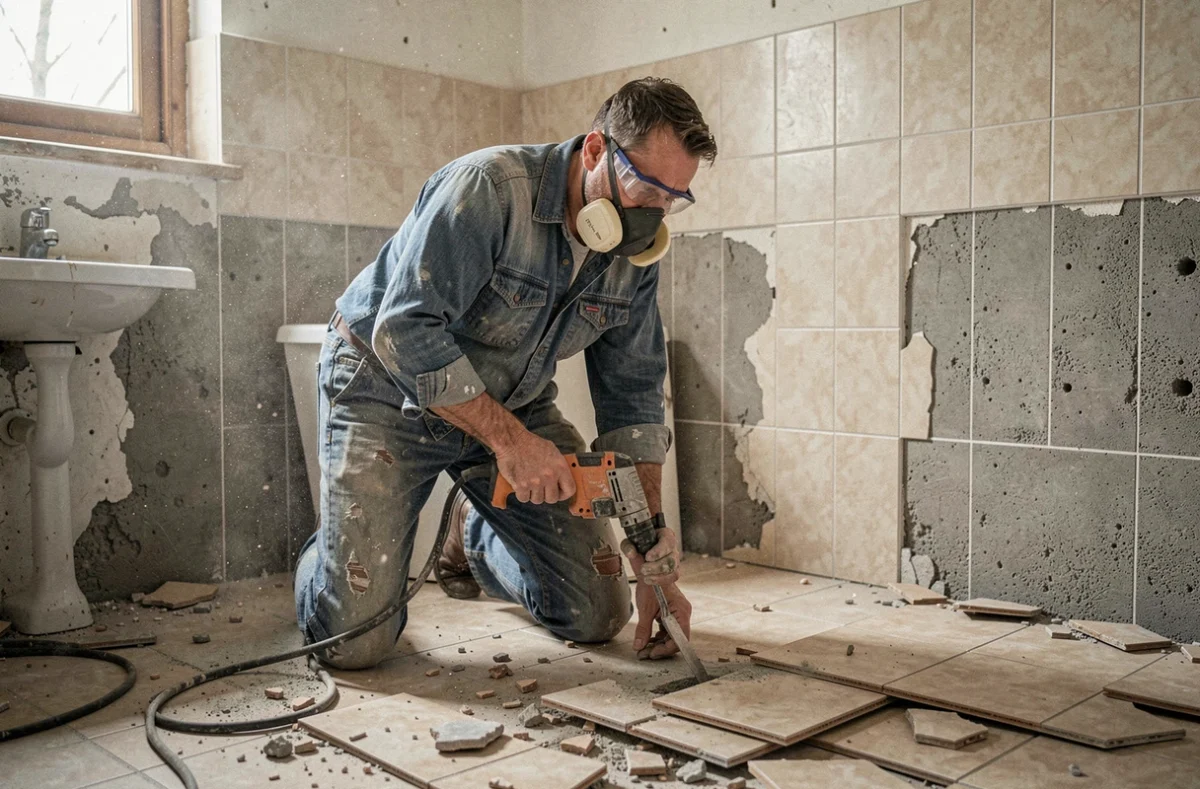 Spécialiste de Ljrénovation retirant d'anciens carreaux lors d'une rénovation de salle de bain dans le Gard