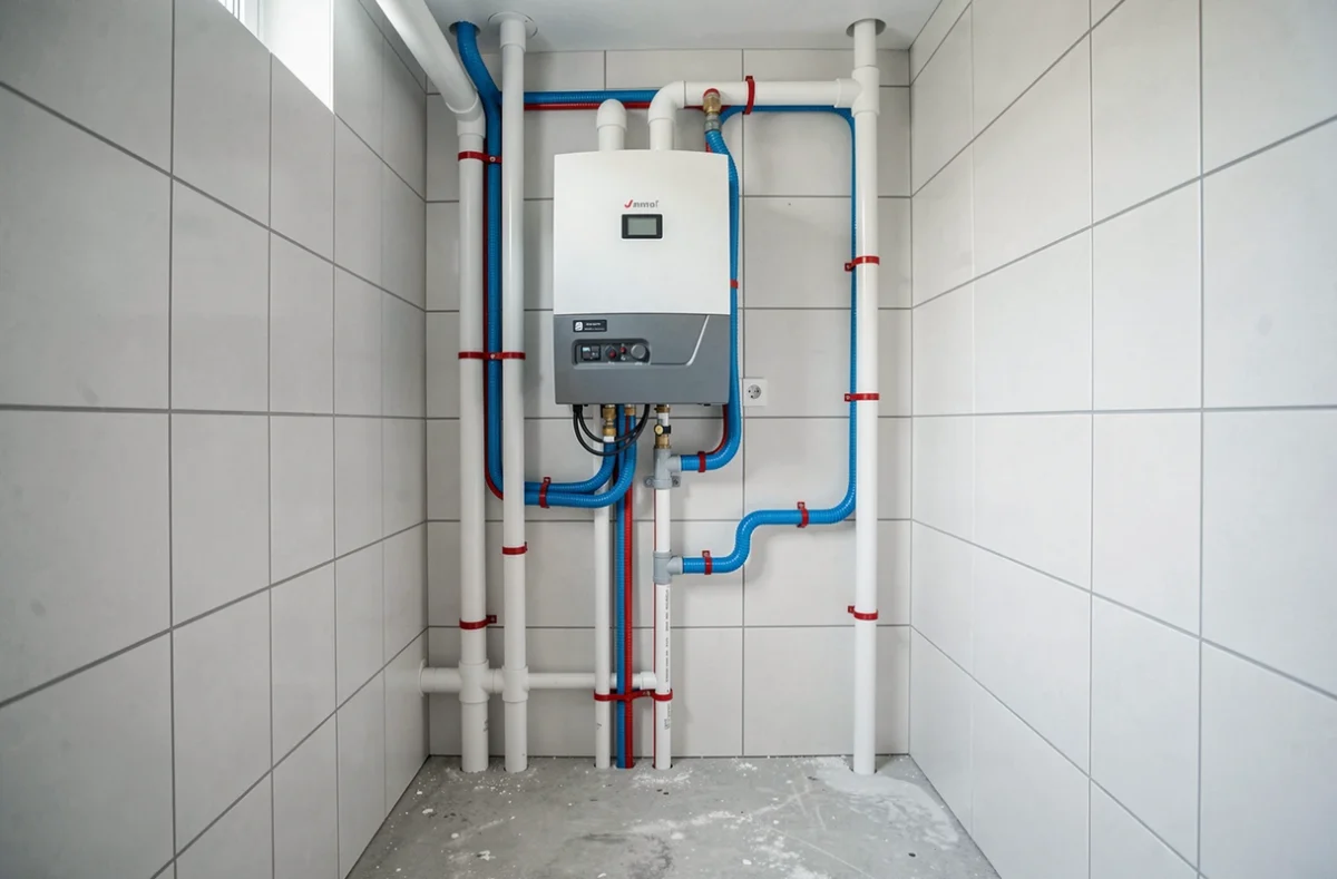 Local technique intérieur avec circuit hydraulique d'une pompe à chaleur air-eau pour maison de 100 m2