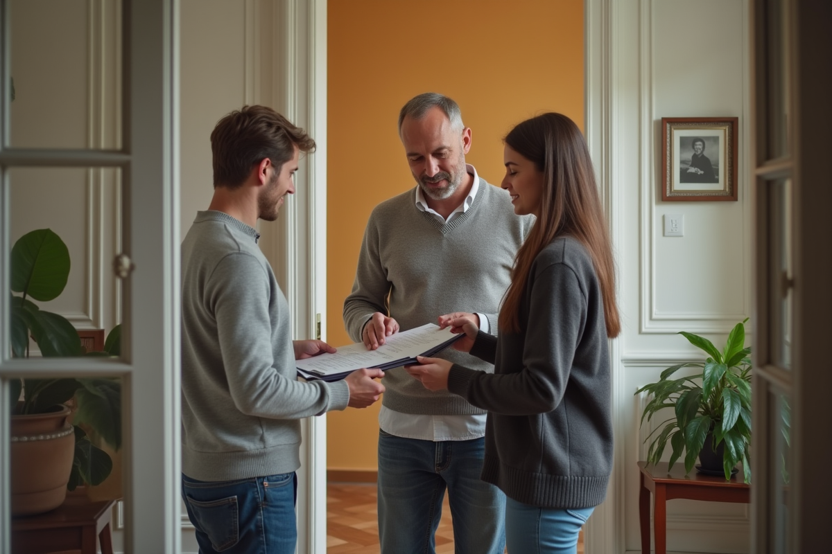 Locataire discutant avec un couple dans un appartement bien entretenu