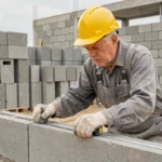 Maçon mesurant la largeur d'un parpaing sur un chantier de construction