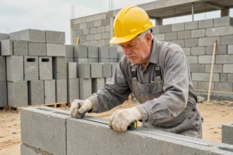 Maçon mesurant la largeur d'un parpaing sur un chantier de construction