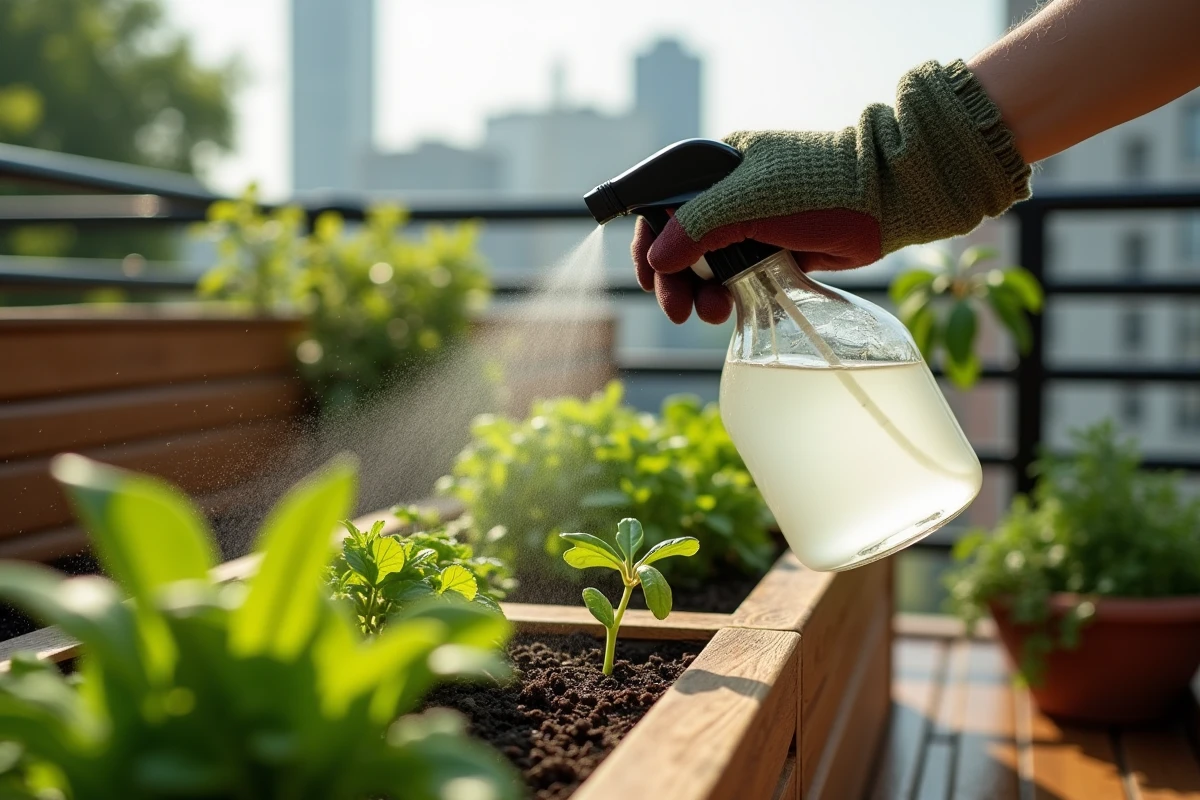 Main gantée vaporisant du vinaigre sur des mauvaises herbes en pot