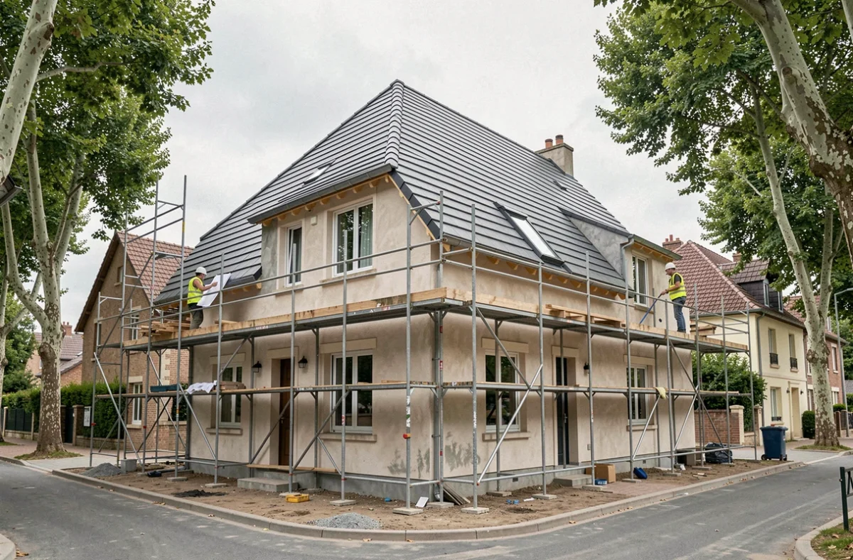 Vue d'ensemble d'une maison française en surélévation avec toiture en tuiles neuves et échafaudage de chantier