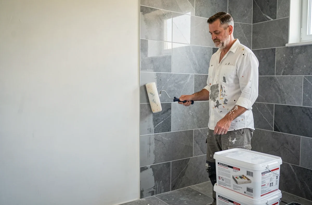 Artisan Malherbe Eric travaillant simultanément sur la peinture et le carrelage d'une salle de bain