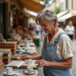 Femme d'âge moyen achetant livres et porcelaine au marché