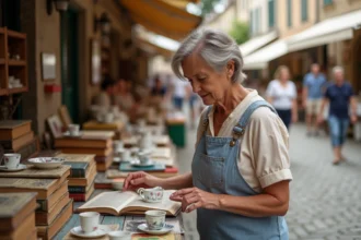 Femme d'âge moyen achetant livres et porcelaine au marché