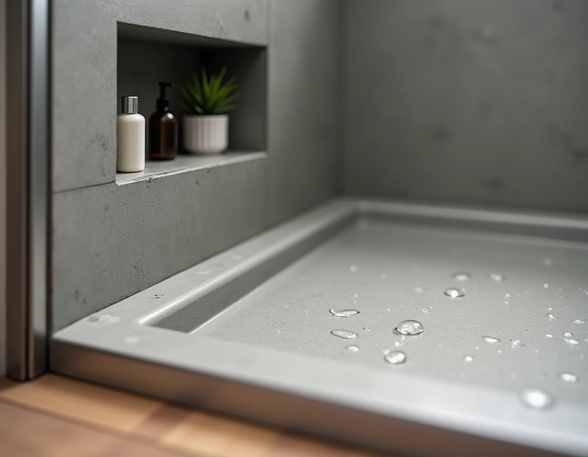 Détail de matériaux résine et béton ciré dans une salle de bain compacte sans WC pour un entretien simplifié