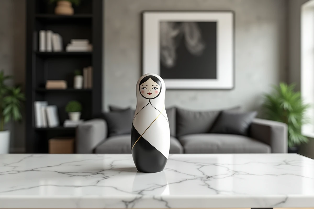 Poupée Matriochka moderne au design géométrique minimaliste posée sur une console en marbre blanc dans un appartement contemporain