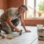 Un carreleur professionnel pose du carrelage dans une salle de bain moderne dans le Gard