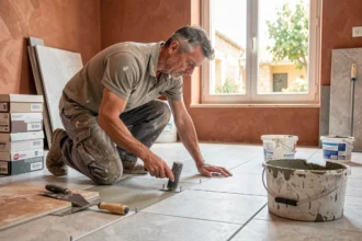 Un carreleur professionnel pose du carrelage dans une salle de bain moderne dans le Gard