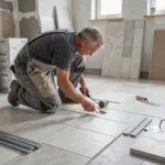 Carreleur professionnel posant du carrelage grand format dans une salle de bain en cours de rénovation en Seine-Maritime