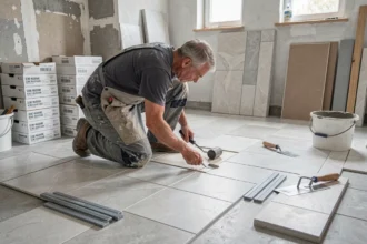 Carreleur professionnel posant du carrelage grand format dans une salle de bain en cours de rénovation en Seine-Maritime