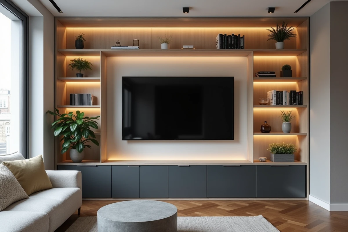 Meuble TV encastré en placo design bicolore dans un petit appartement urbain optimisant chaque centimètre disponible