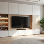 Meuble TV sur mesure en placo blanc mat avec niches encastrées et panneaux bois dans un salon moderne