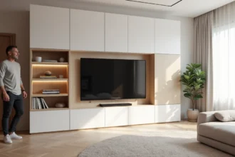 Meuble TV sur mesure en placo blanc mat avec niches encastrées et panneaux bois dans un salon moderne