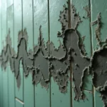 Champignon noir et moisissure verte sur mur humide en plâtre dégradé dans une salle de bain mal ventilée