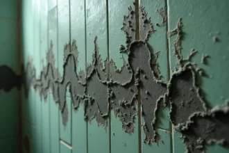 Champignon noir et moisissure verte sur mur humide en plâtre dégradé dans une salle de bain mal ventilée