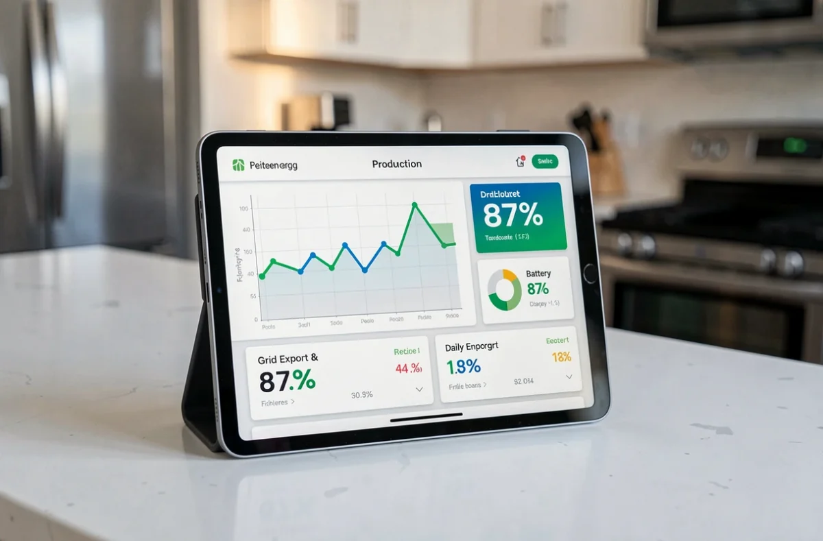 Tableau de bord de monitoring d'un kit solaire 3000W avec stockage affiché sur tablette dans une cuisine moderne