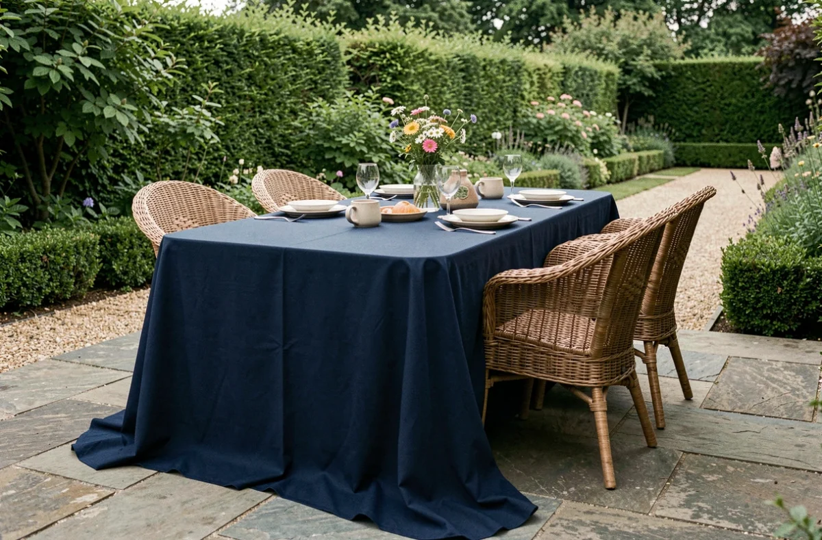 Table de jardin dressée avec une nappe infroissable bleu marine sans plis sur une terrasse en pierre