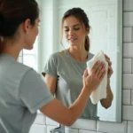 Femme nettoyant un miroir de salle de bain couvert de projections de dentifrice avec un chiffon en microfibre