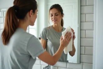 Femme nettoyant un miroir de salle de bain couvert de projections de dentifrice avec un chiffon en microfibre