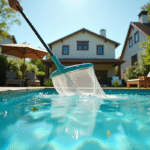 Personne utilisant un filet pour enlever les feuilles de la piscine