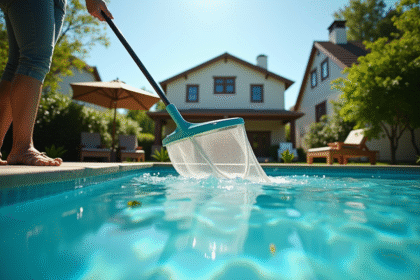 Personne utilisant un filet pour enlever les feuilles de la piscine