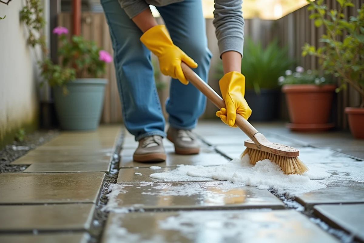 Femme nettoyant une terrasse encrassée avec une brosse et du produit nettoyant Jnet Gros Travaux