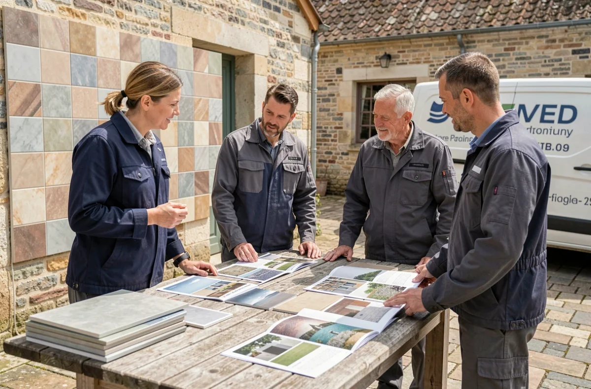 Coordinatrice du réseau Obat discutant avec des carreleurs de Seine-Maritime autour d'échantillons de carrelage dans une cour normande