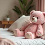 Ourson en peluche rose posé sur des coussins pastel dans une chambre cocooning décorée avec soin