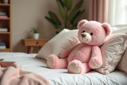 Ourson en peluche rose posé sur des coussins pastel dans une chambre cocooning décorée avec soin