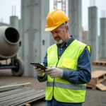 Ouvrier de construction mesurant des barres d'armature sur un chantier
