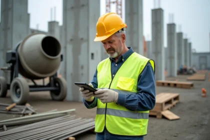 Ouvrier de construction mesurant des barres d'armature sur un chantier