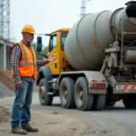 Ouvrier de construction avec camion malaxeur en chantier