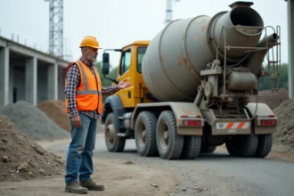 Ouvrier de construction avec camion malaxeur en chantier