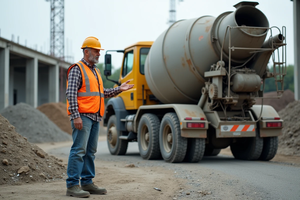 Ouvrier de construction avec camion malaxeur en chantier