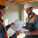 Ouvrier en tenue propre discutant de plans dans une maison moderne