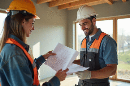 Ouvrier en tenue propre discutant de plans dans une maison moderne