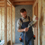 Ouvrier appliquant isolation écologique dans maison en rénovation