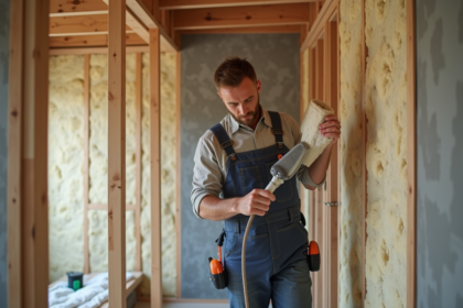 Ouvrier appliquant isolation écologique dans maison en rénovation