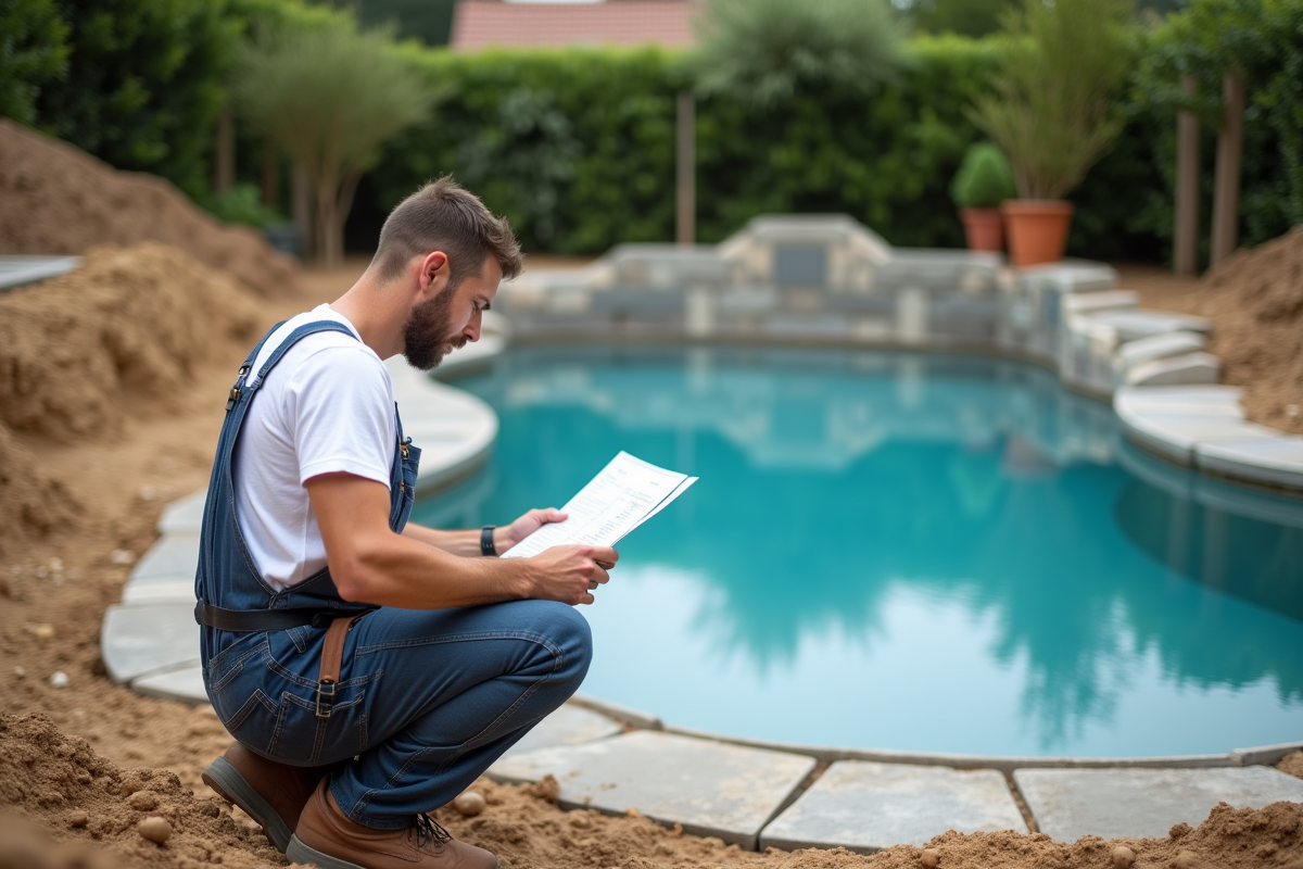 Ouvrier de piscine examinant un devis de construction