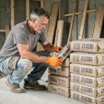 Ouvrier du bâtiment lisant l'étiquette d'un sac de ciment 25 kg sur un chantier de construction