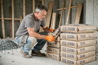 Ouvrier du bâtiment lisant l'étiquette d'un sac de ciment 25 kg sur un chantier de construction