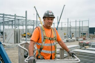 Ouvrier en sécurité sur une plateforme en construction